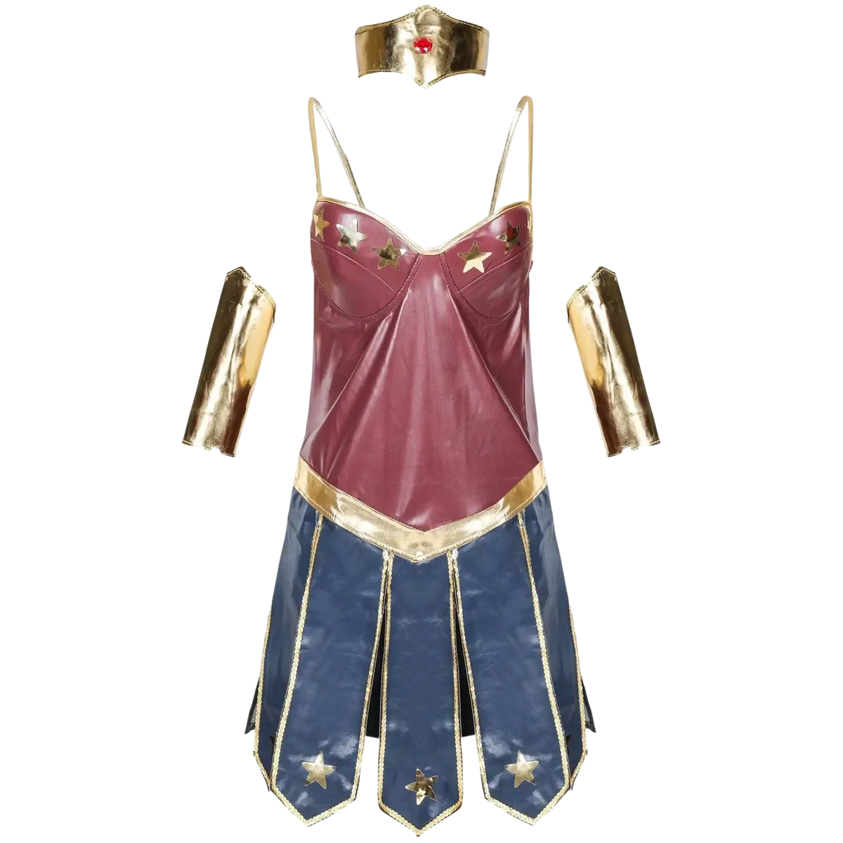 Wonder woman anime cosplay costume adult halloween dress in maroon and blue with gold star accents and metallic accessories