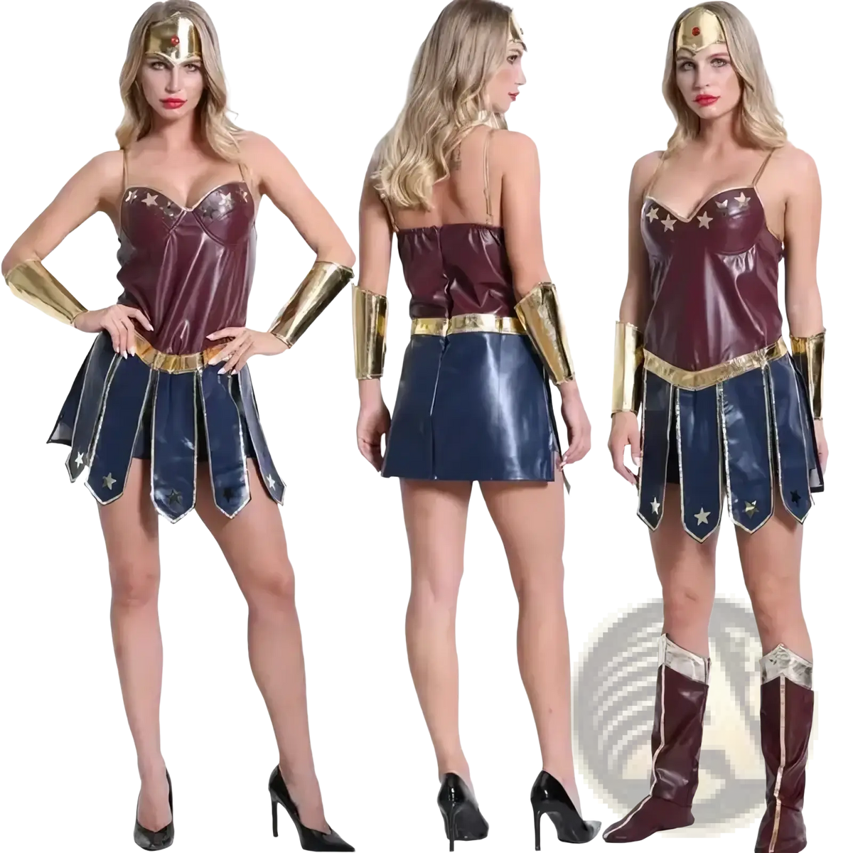 Adult wonder woman anime cosplay costume featuring maroon and gold shiny latex bodice with blue pleated skirt and metallic cuffs