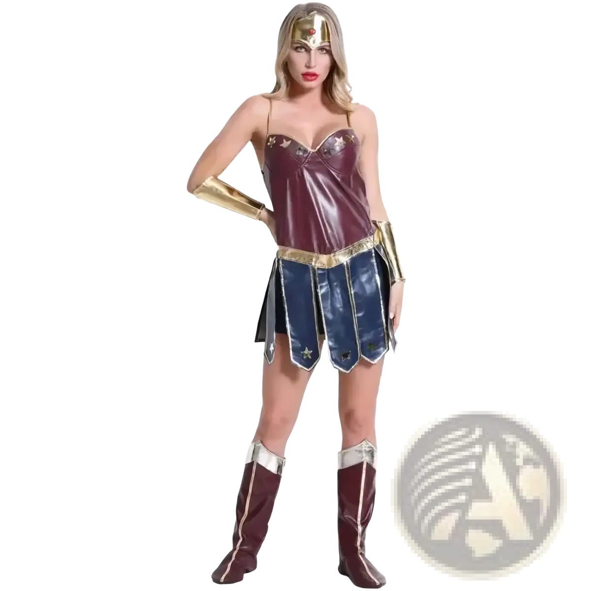 Wonder woman anime cosplay costume adult halloween dress with maroon and gold latex bodice and blue metallic star skirt