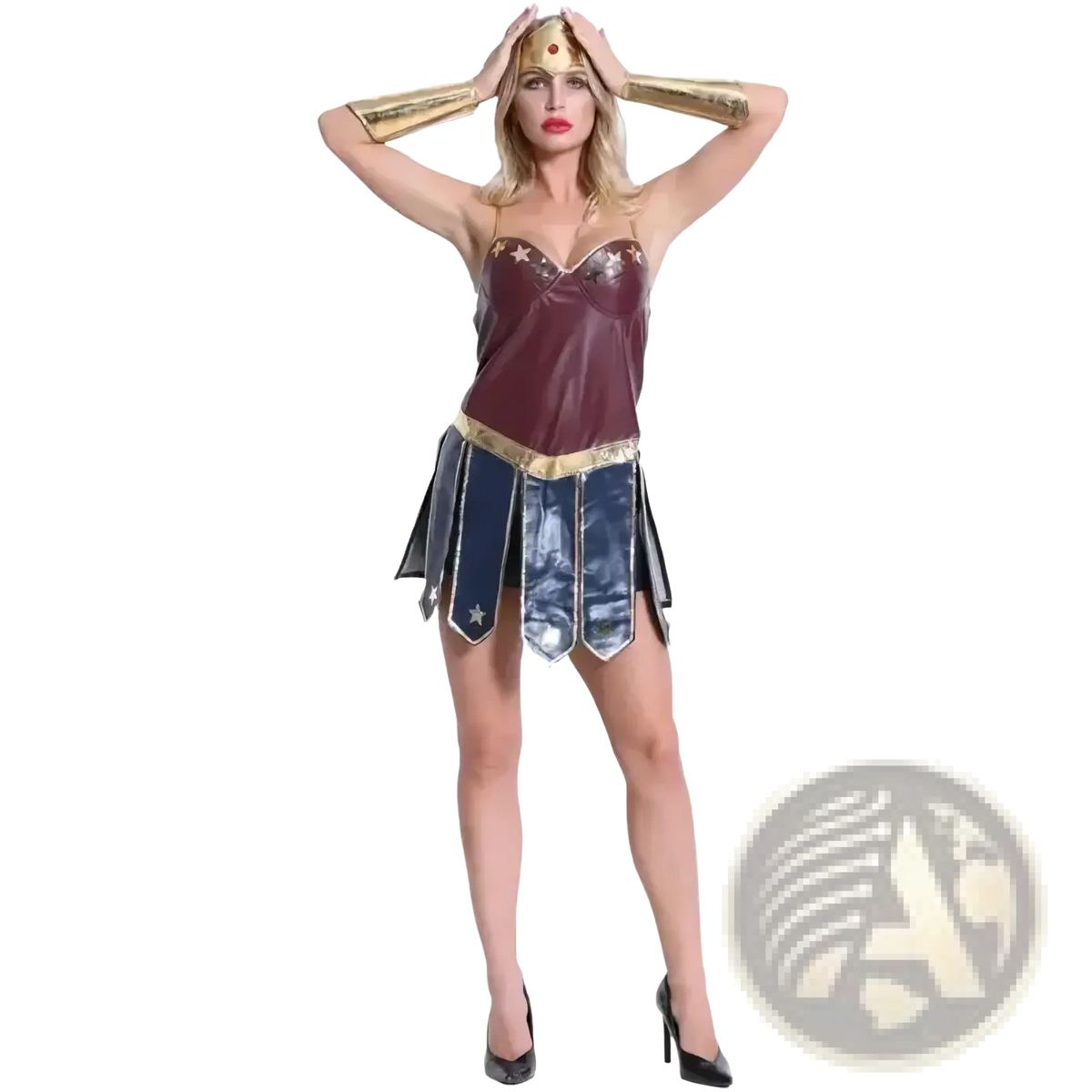Wonder Woman anime cosplay costume adult Halloween dress in maroon and gold with star bodice blue metallic skirt and gold arm guards