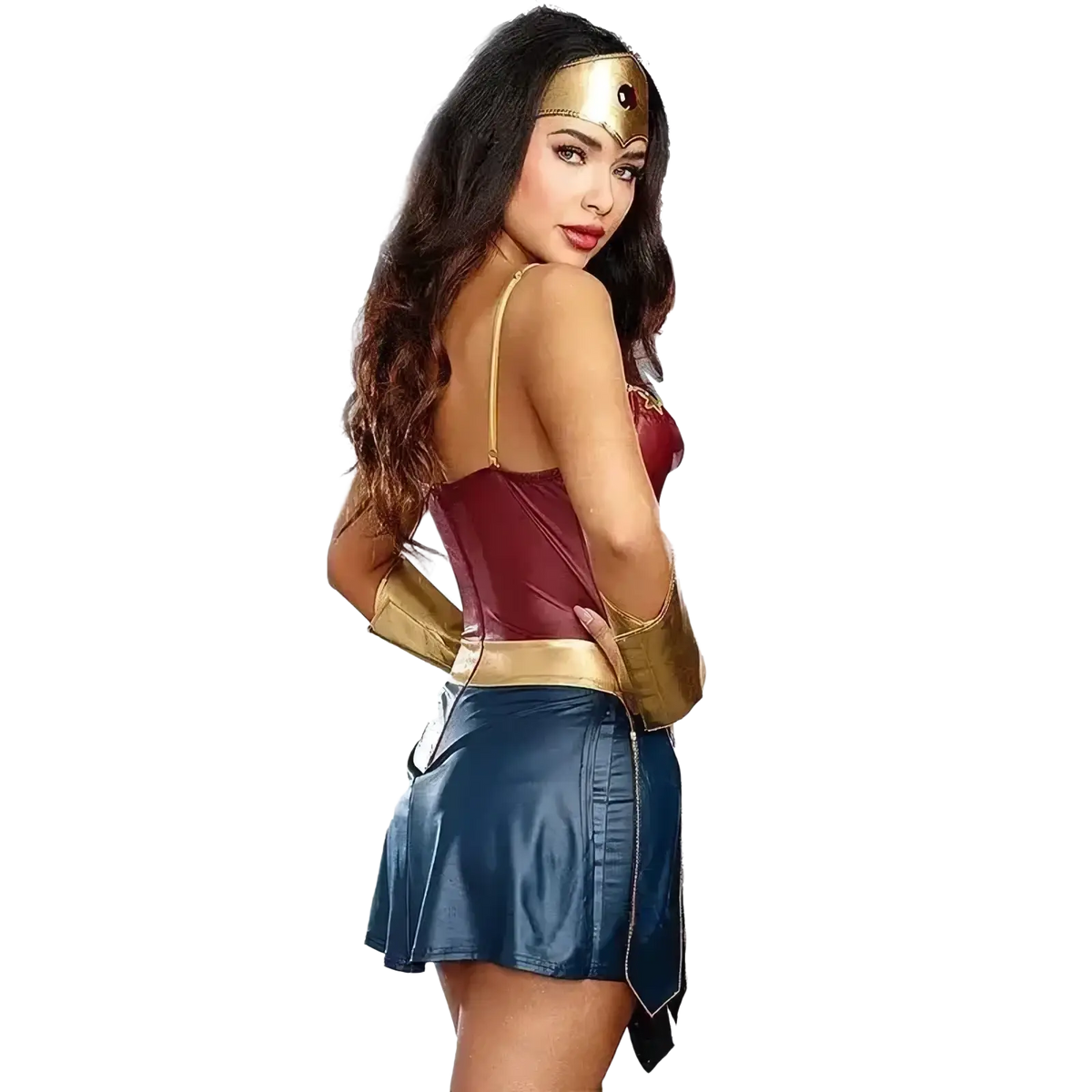 A woman wearing a wonder woman anime cosplay costume with a red gold corset top and blue leather-like skirt