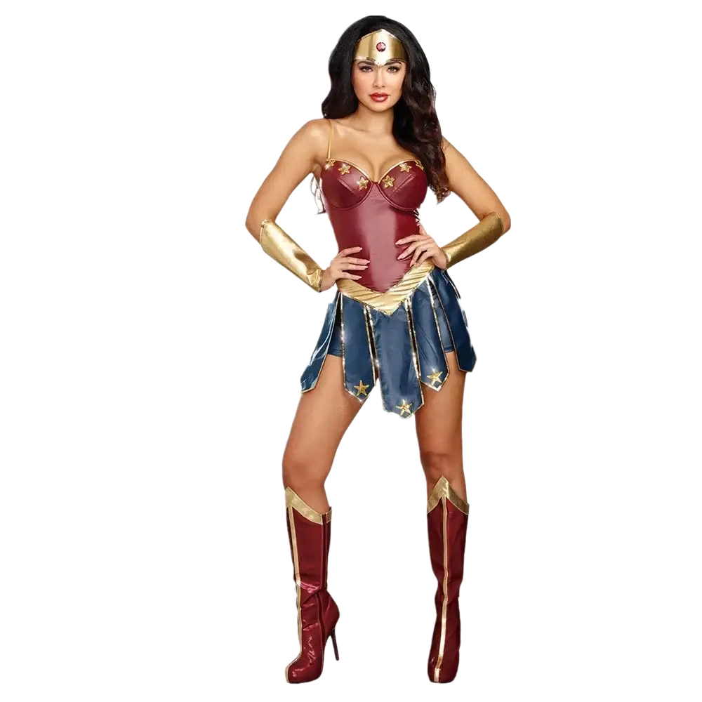 Wonder woman anime cosplay costume adult halloween dress featuring red and gold corset top and blue star skirt