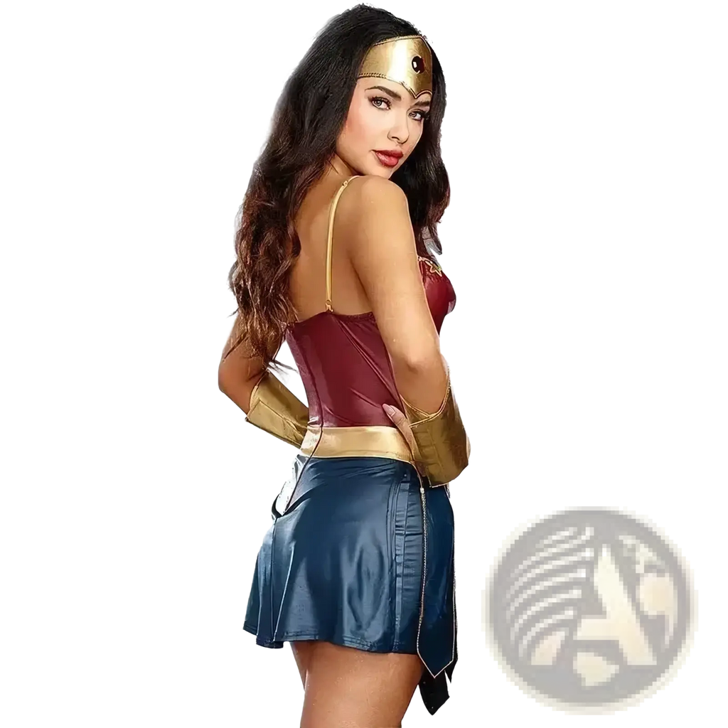 A woman wearing a wonder woman anime cosplay costume with a red gold corset top and blue leather-like skirt