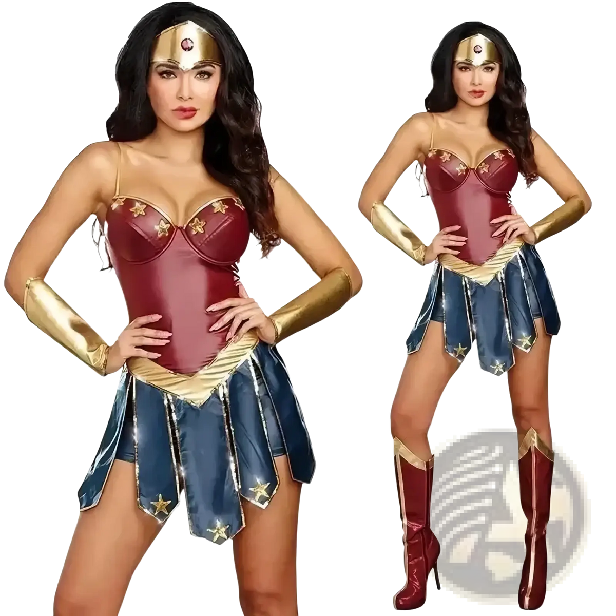 Wonder Woman anime cosplay costume adult halloween dress with red and gold corset, blue star skirt, golden arm guards, and boots