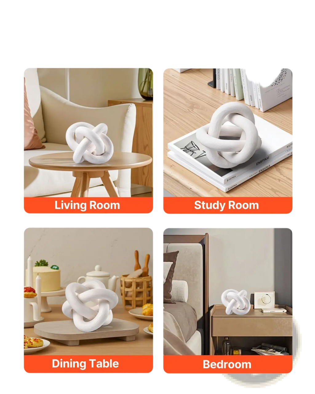White ceramic knot-shaped decorative sculpture resembling wood chain link pine wood knot with three links