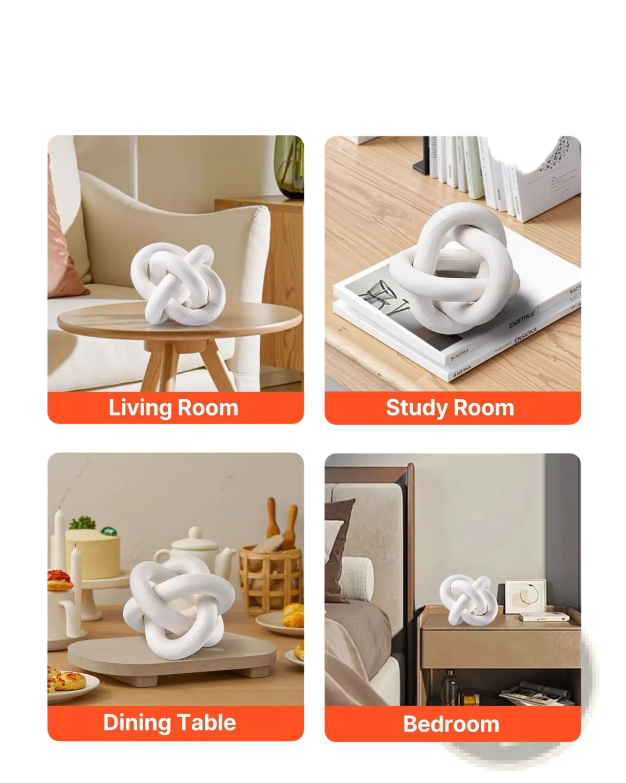 White ceramic knot-shaped decorative sculpture resembling wood chain link pine wood knot with three links