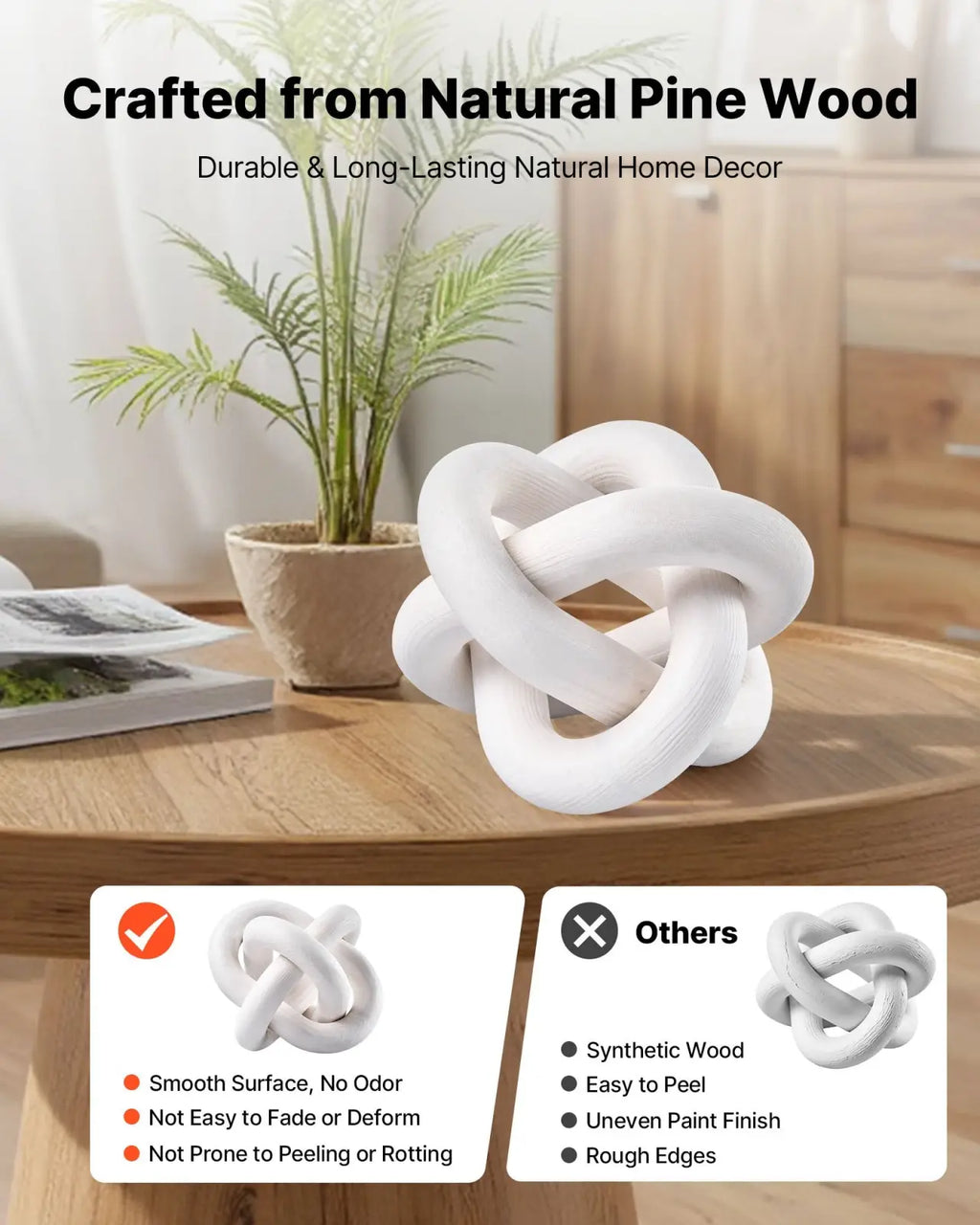 White wood chain link decor with three intricately knotted pine wood links and a smooth durable finish