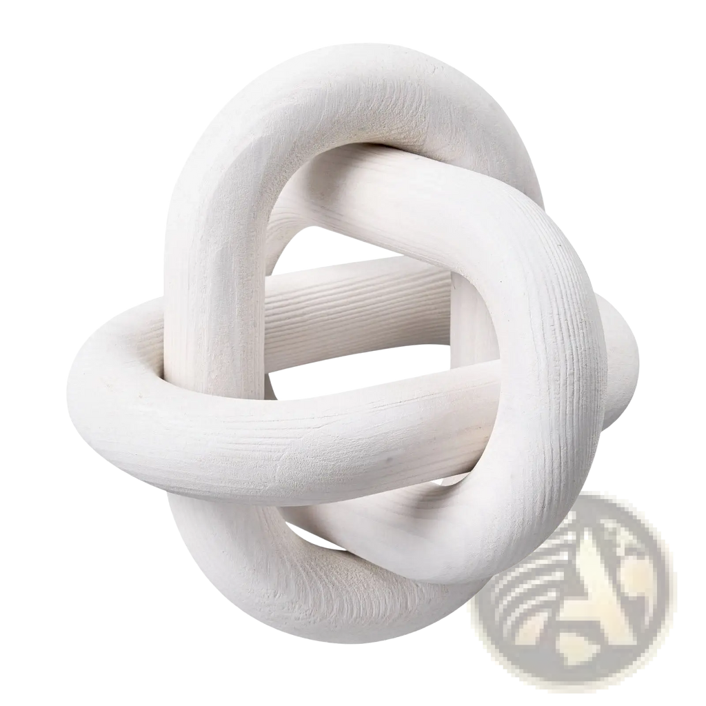 White textured pine wood knot sculpture featuring three linked chain design for decorative use