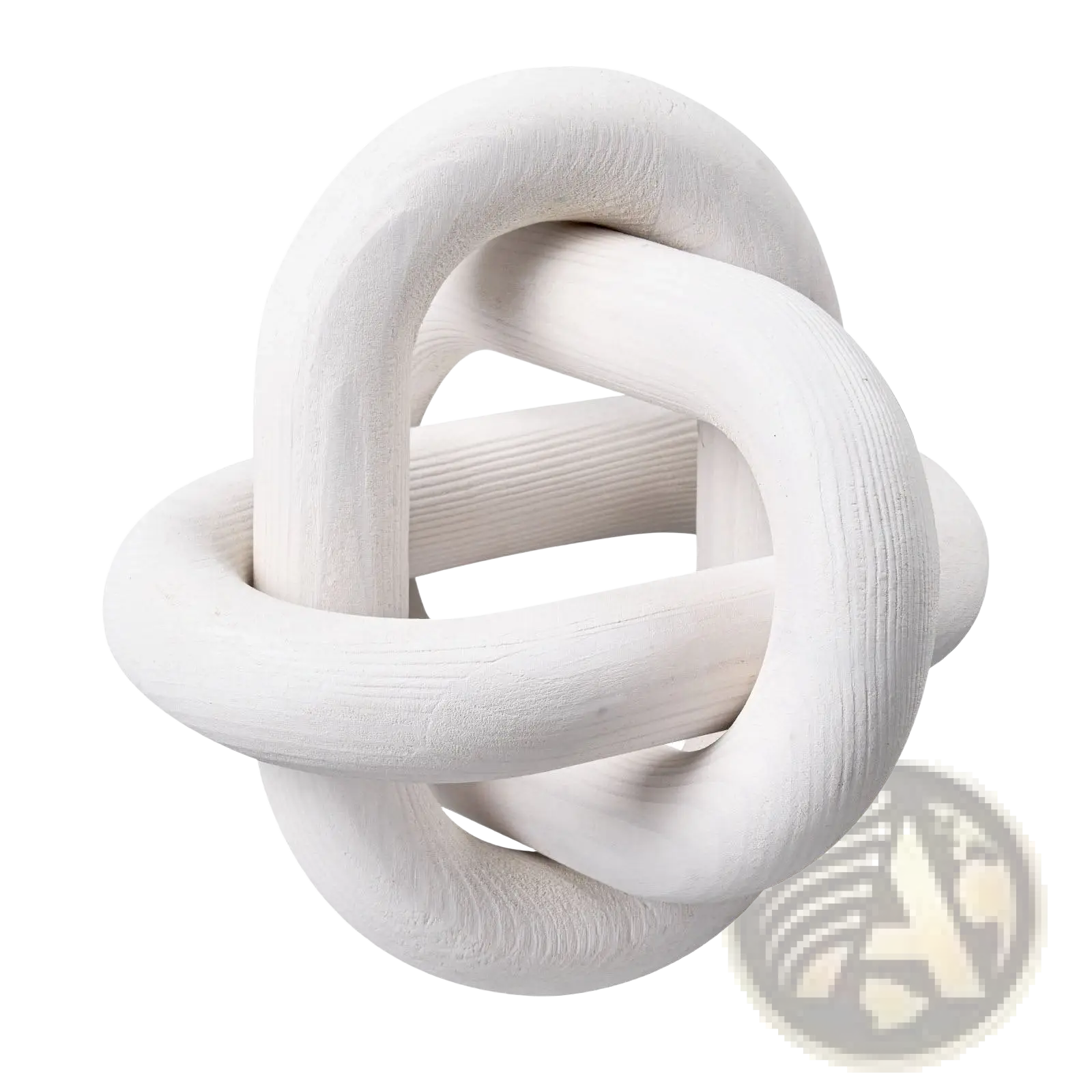 White textured pine wood knot sculpture featuring three linked chain design for decorative use