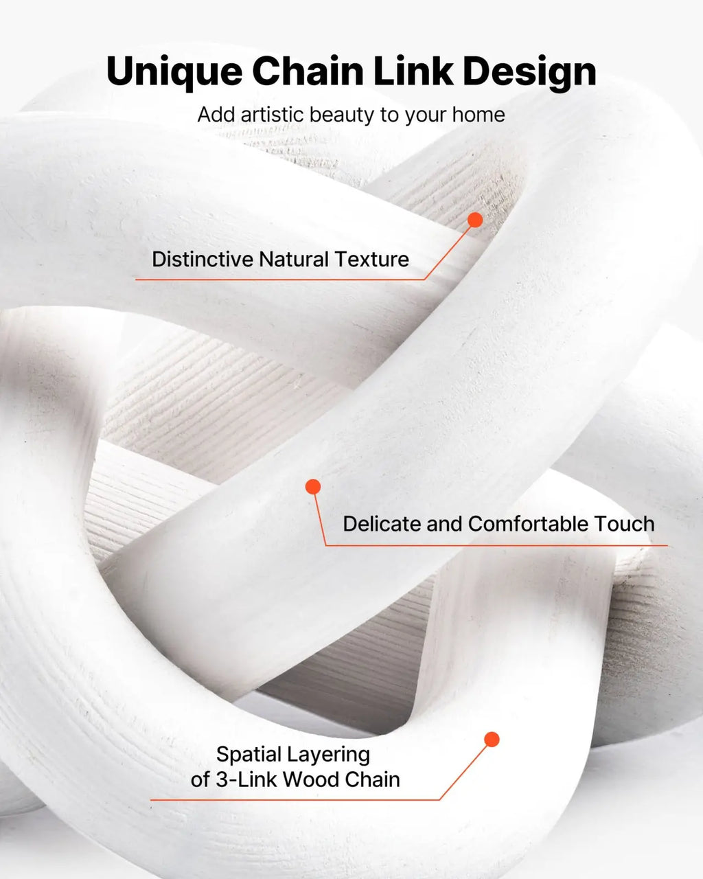 White 3-link pine wood chain decor featuring a unique interlocking design and distinctive natural texture