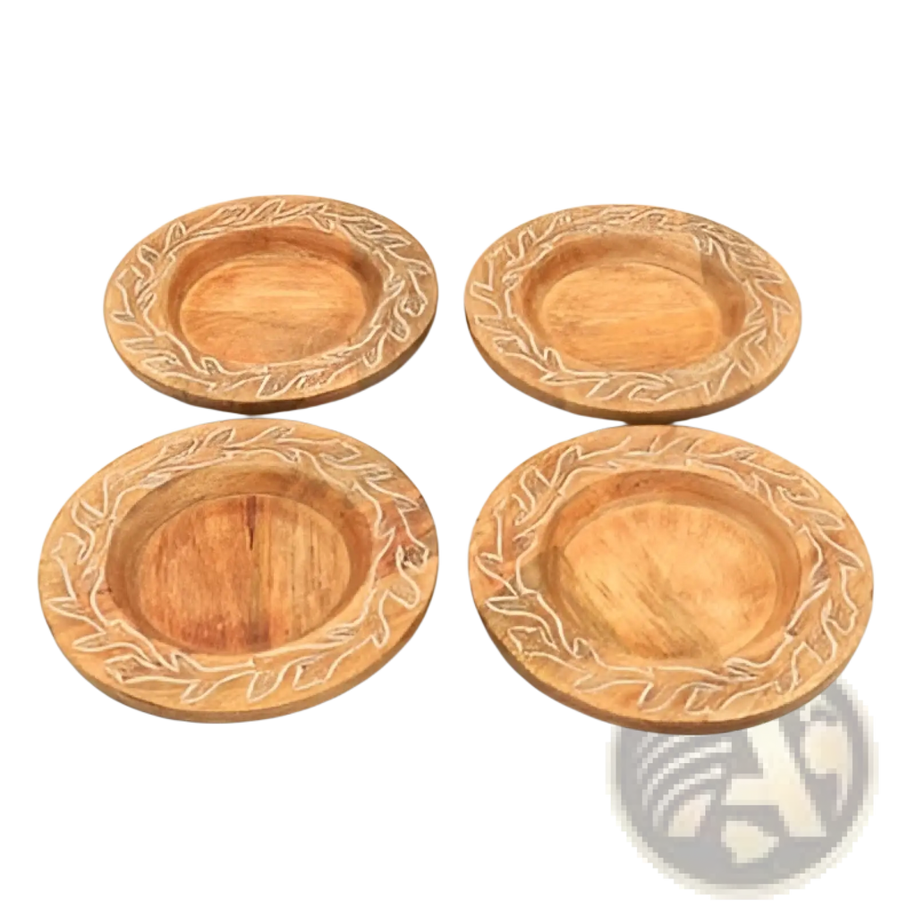 Set of four light brown wooden coasters with engraved leaf patterns matching handcrafted 13 inch wood charger plate