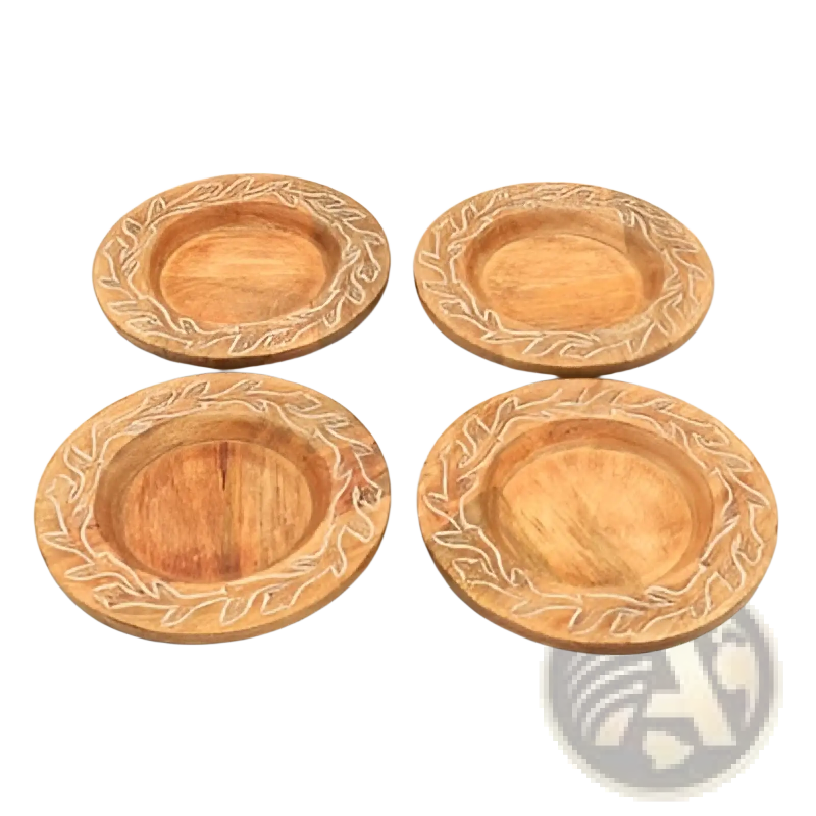 Set of four light brown wooden coasters with engraved leaf patterns matching handcrafted 13 inch wood charger plate