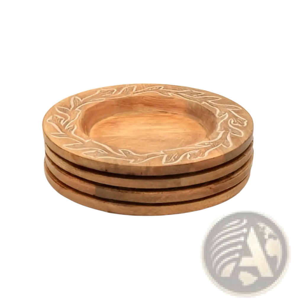 Set of four light brown wooden coasters with engraved leaf pattern handcrafted for decorative use