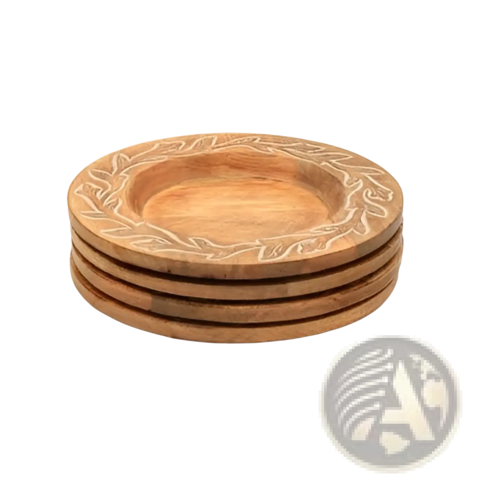 Set of four light brown wooden coasters with engraved leaf pattern handcrafted for decorative use