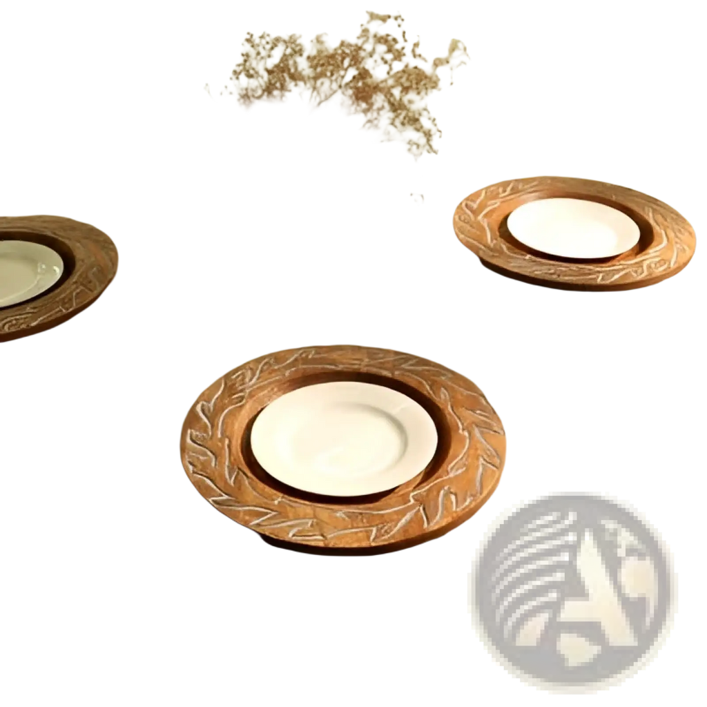 Wood charger plate 13 inch with intricate handcrafted leaf pattern and warm natural wooden finish