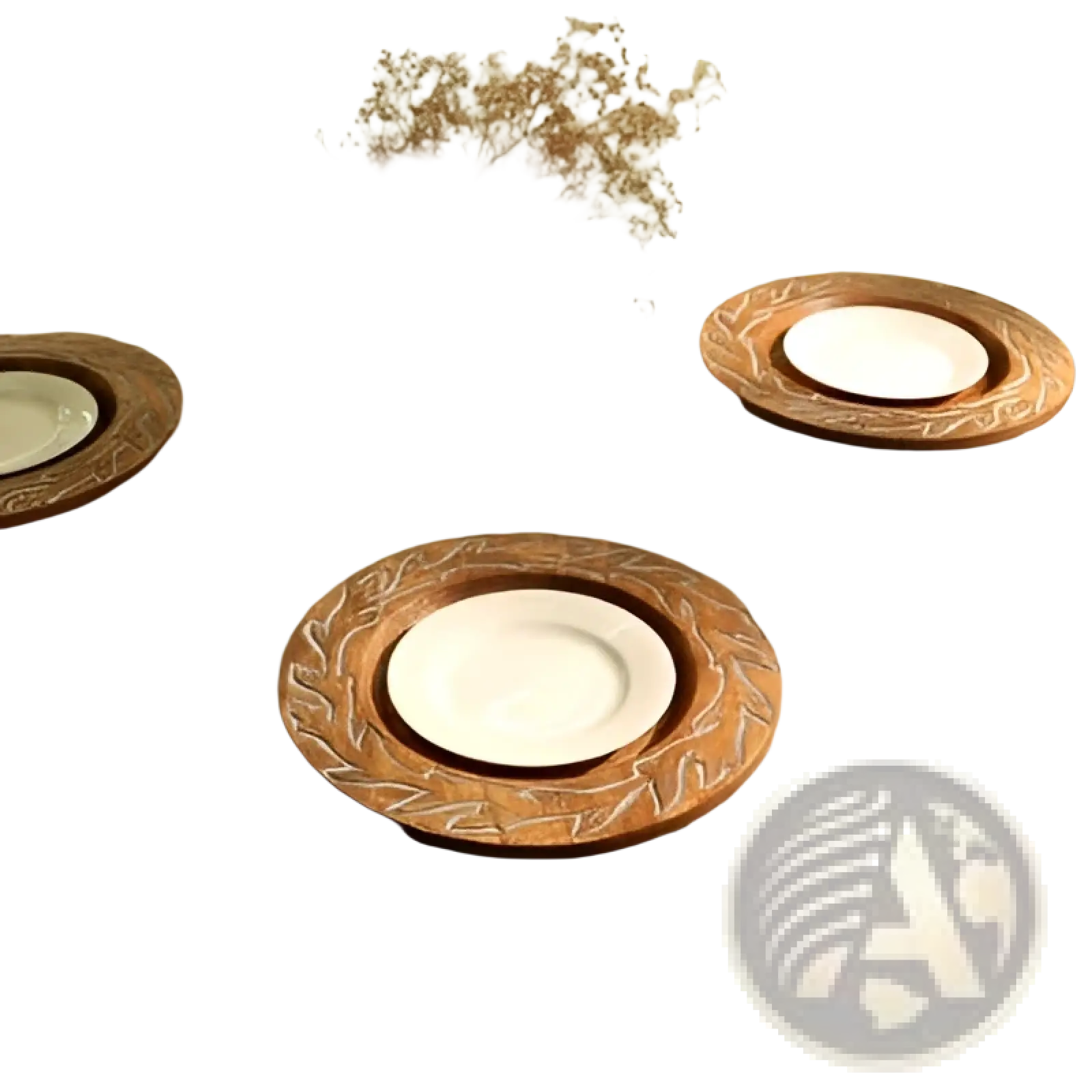 Wood charger plate 13 inch with intricate handcrafted leaf pattern and warm natural wooden finish