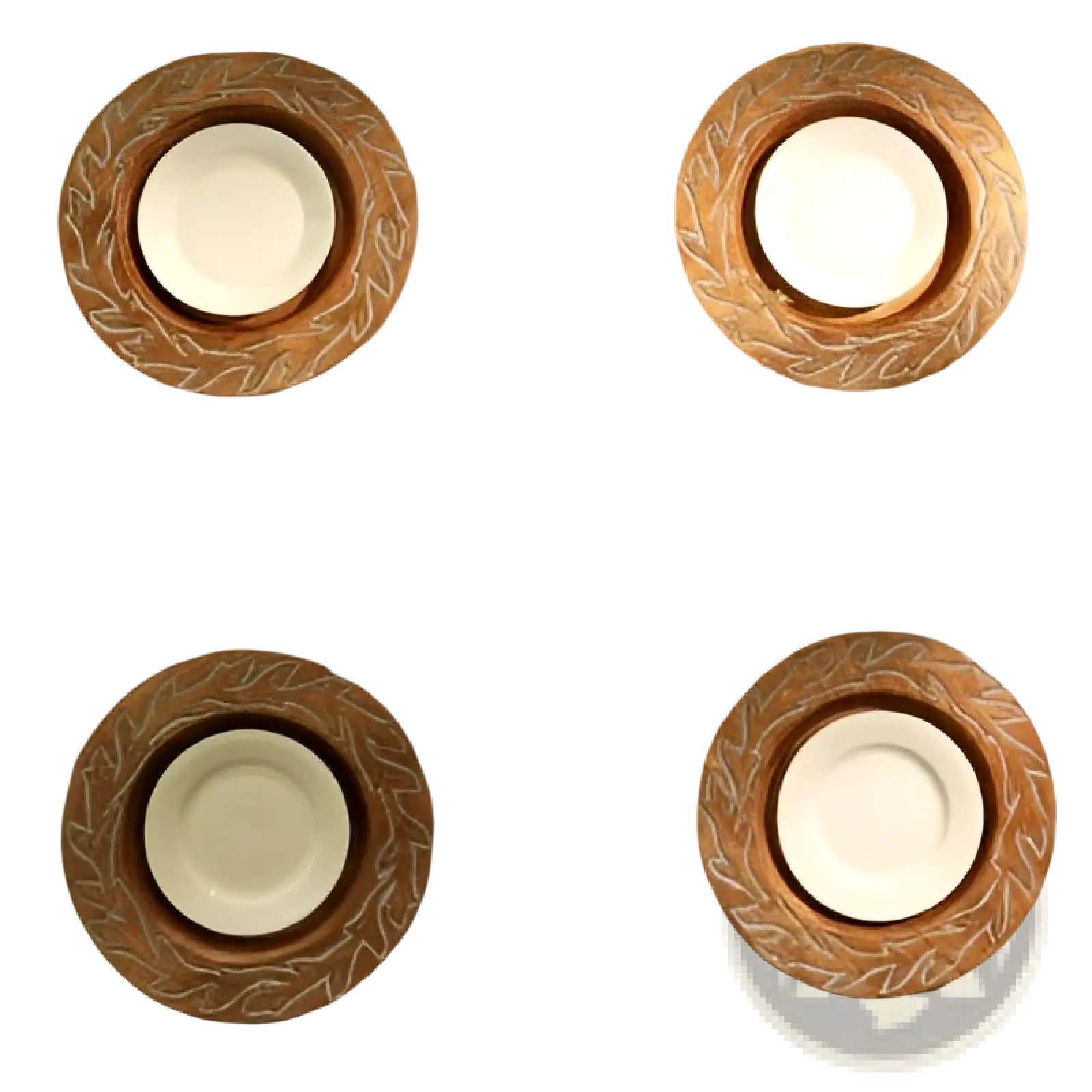 Set of four 13 inch wood charger plates with rustic carved leaf patterns and white ceramic centers handcrafted