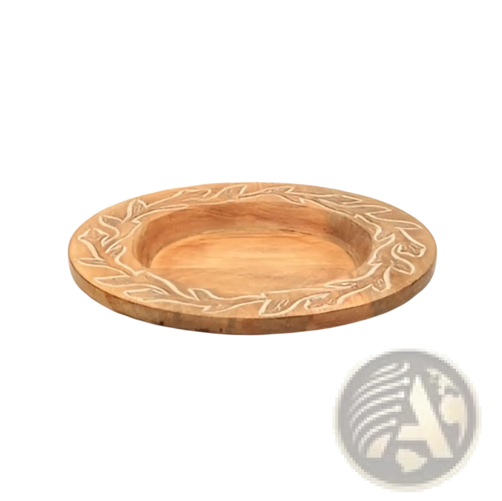 Wood charger plate 13 inch handcrafted light brown wooden bowl with delicate engraved leaf patterns around rim