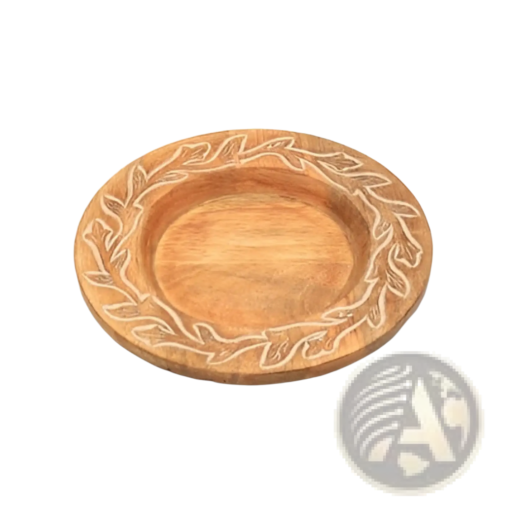 Wood charger plate 13 inch handcrafted with a natural light brown finish and engraved leafy wreath design around rim