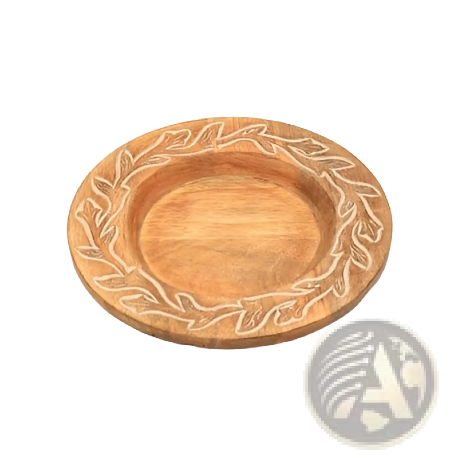 Wood charger plate 13 inch handcrafted with a natural light brown finish and engraved leafy wreath design around rim