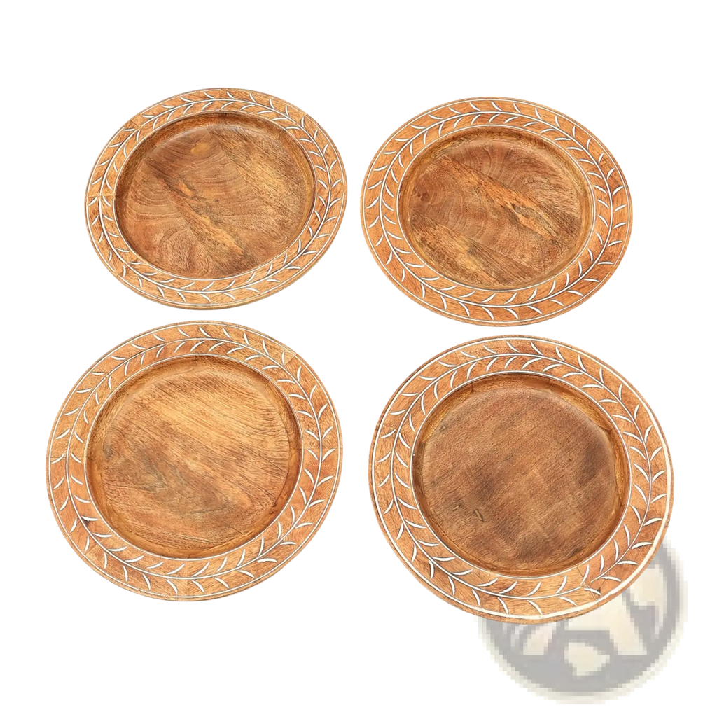 Set of four round wooden coasters with natural finish and white leaf-patterned borders for wood charger plate 13 inch