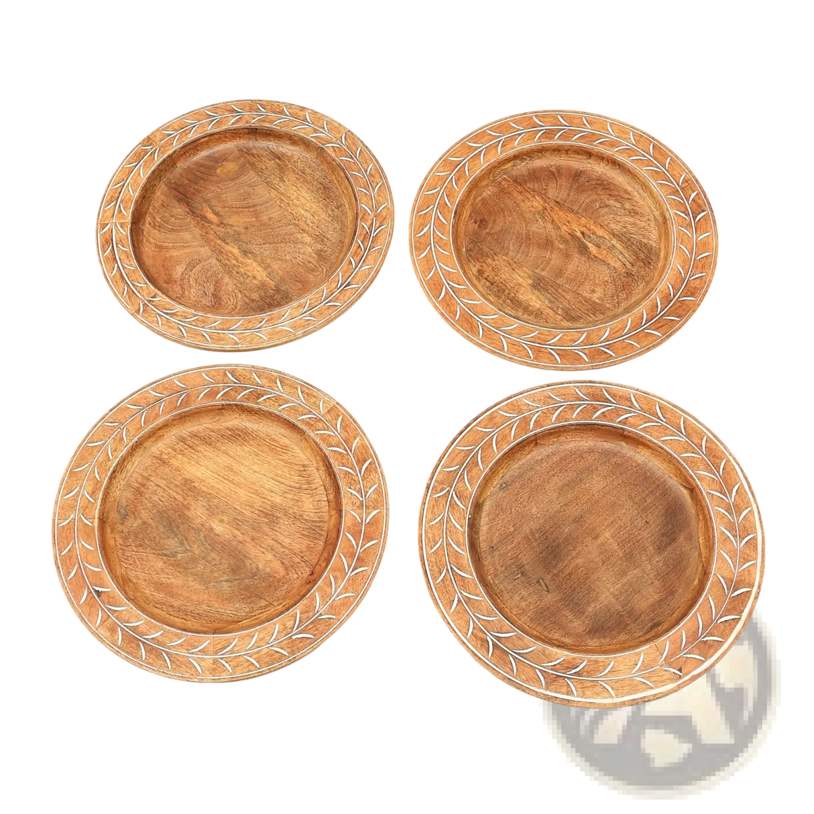 Set of four round wooden coasters with natural finish and white leaf-patterned borders for wood charger plate 13 inch