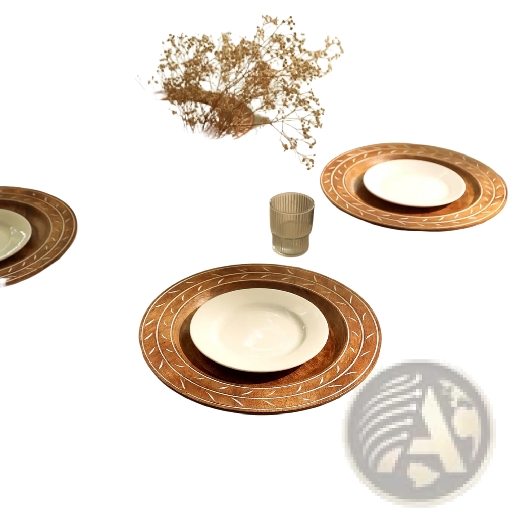 Wood charger plate 13 inch handcrafted placemat with intricate white etched patterns and ceramic center plate