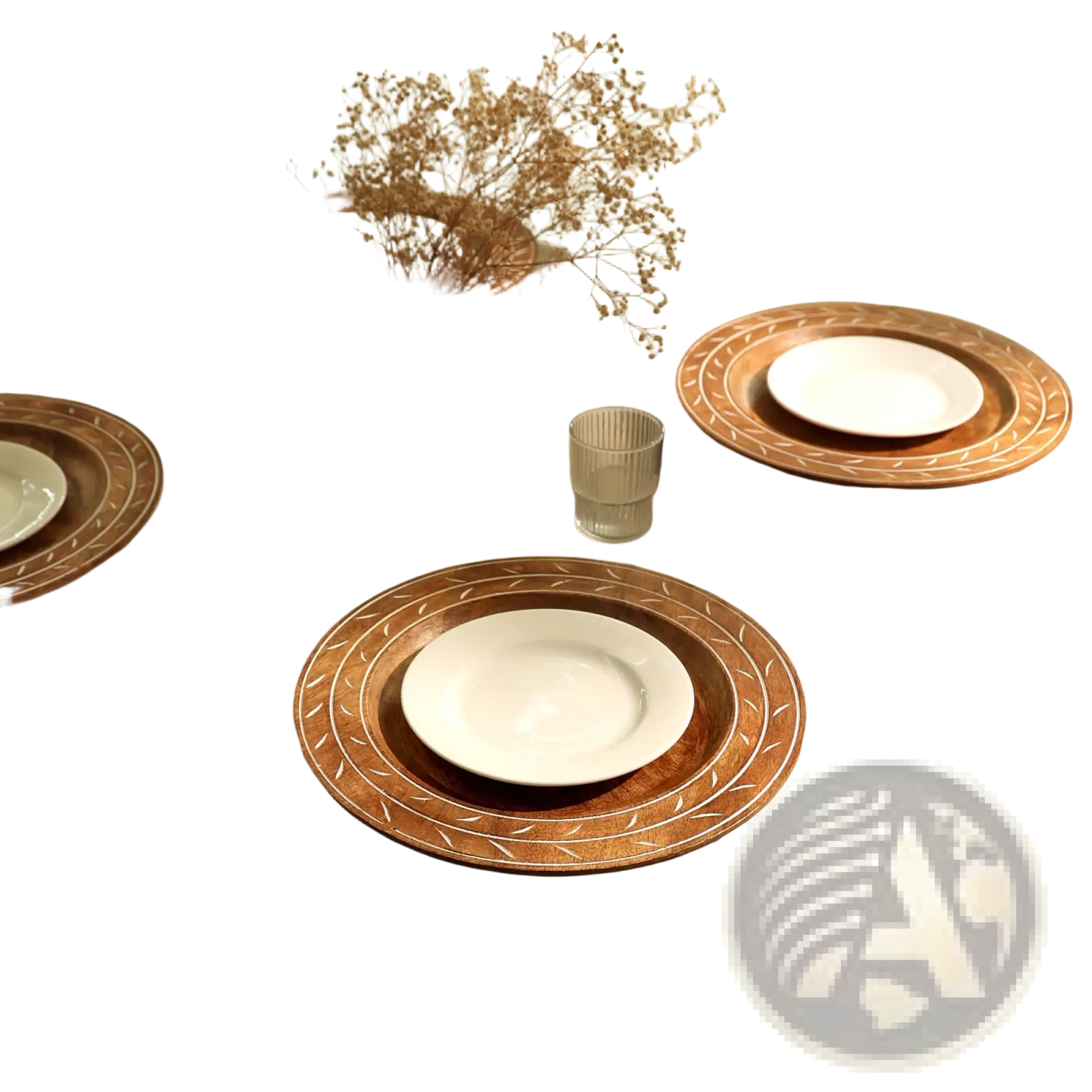 Wood charger plate 13 inch handcrafted placemat with intricate white etched patterns and ceramic center plate