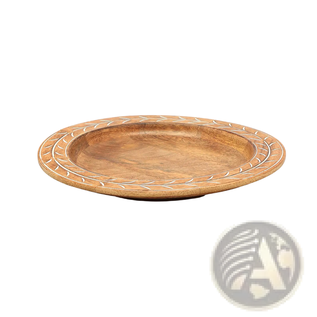 Wood charger plate 13 inch handcrafted wooden serving plate with warm natural finish and white inlay detailing along rim