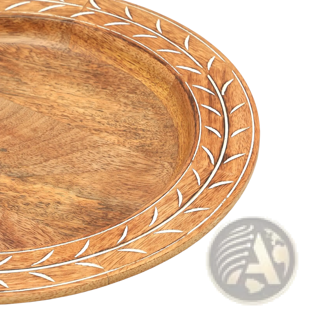 Wood charger plate 13 inch handcrafted placemat with warm-toned wood and white leaf inlaid border design