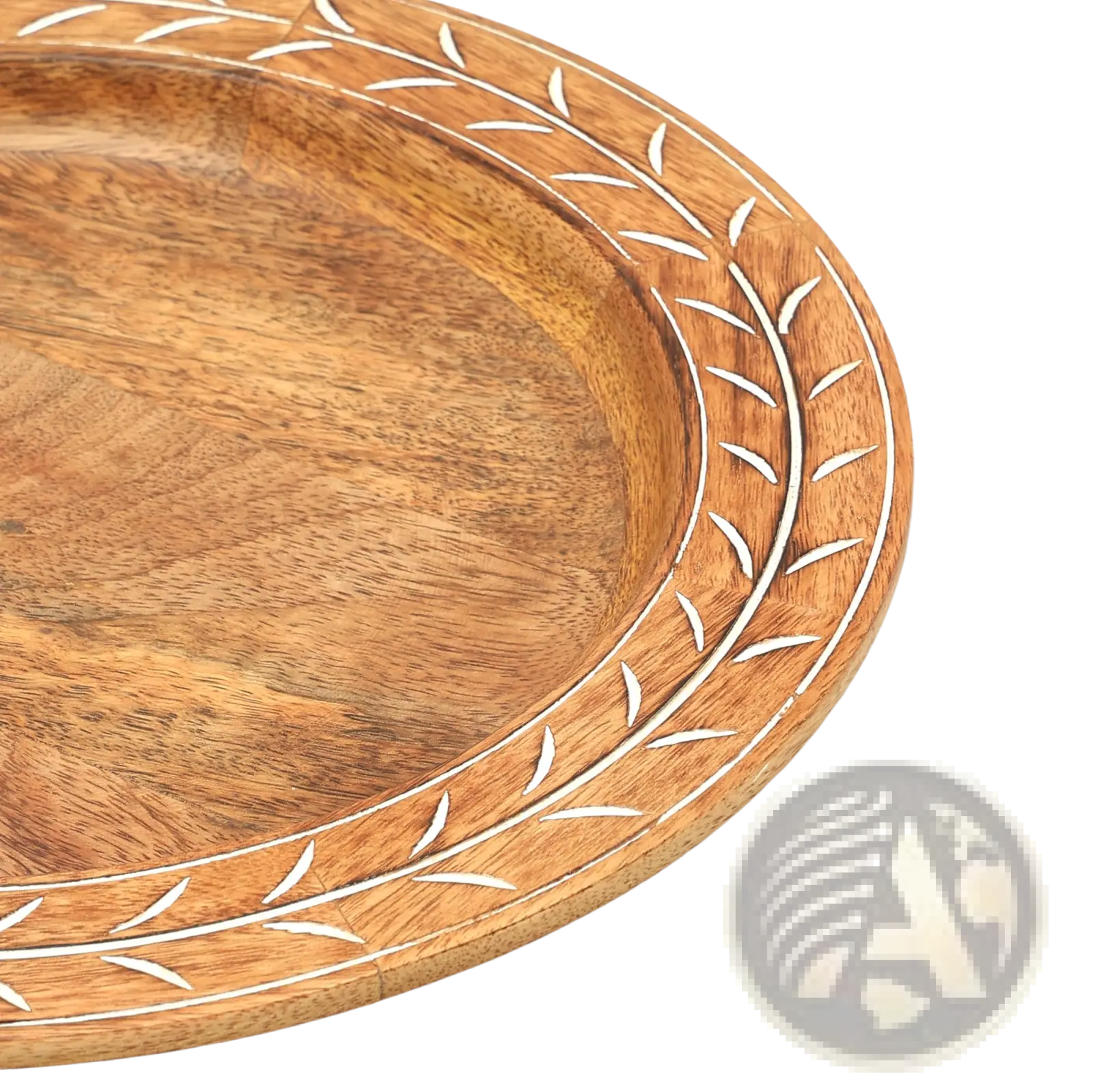 Wood charger plate 13 inch handcrafted placemat with warm-toned wood and white leaf inlaid border design