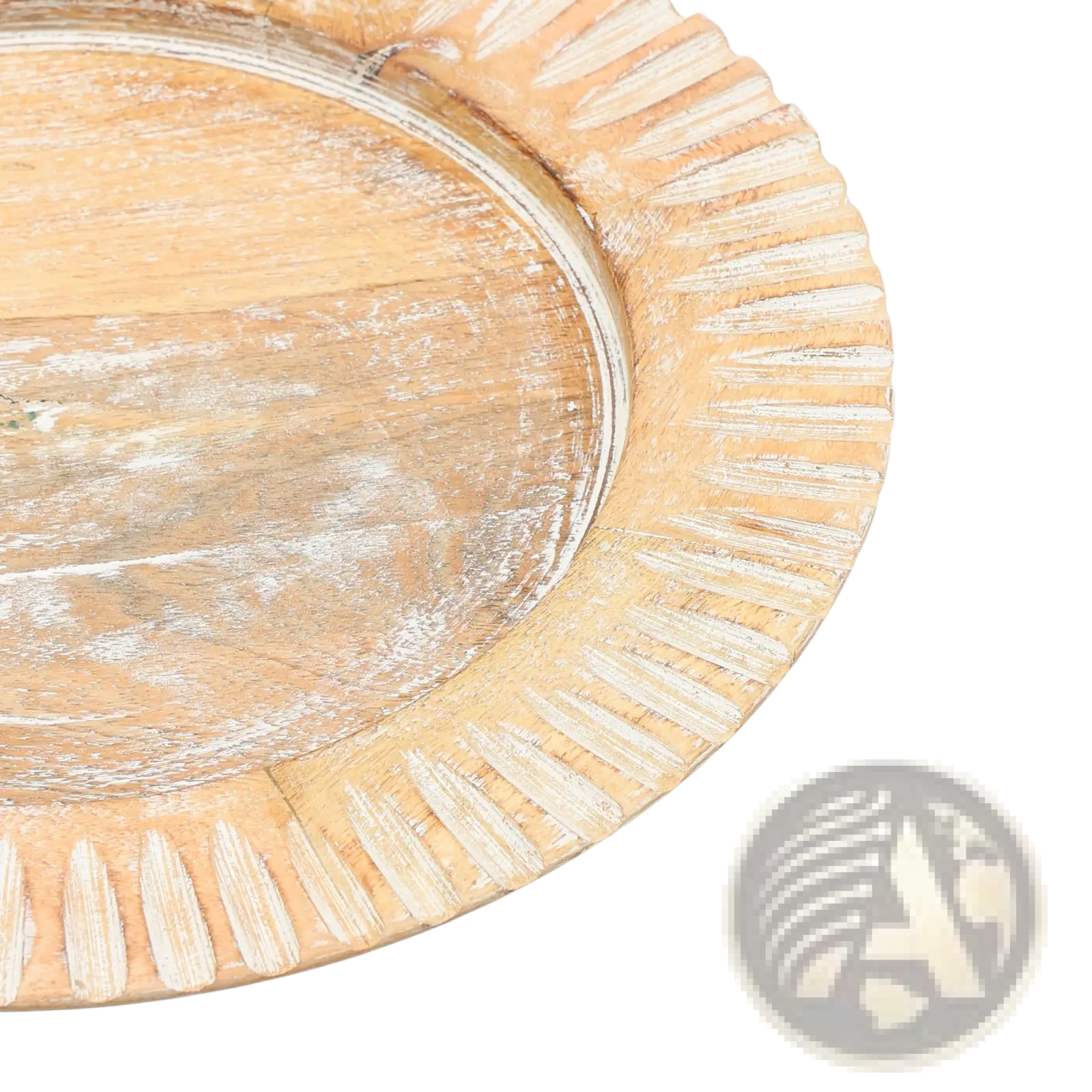 Wood charger plate 13 inch handcrafted rustic wooden serving tray with distressed white finish and sunburst rim pattern