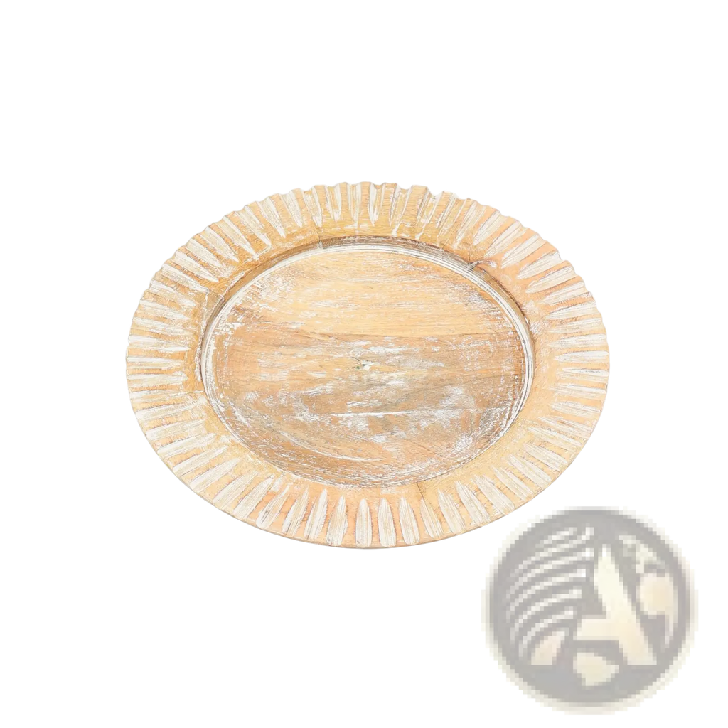 A rustic 13 inch oval wooden charger plate with distressed white finish and radiating ridges handcrafted set