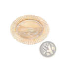 A rustic 13 inch oval wooden charger plate with distressed white finish and radiating ridges handcrafted set