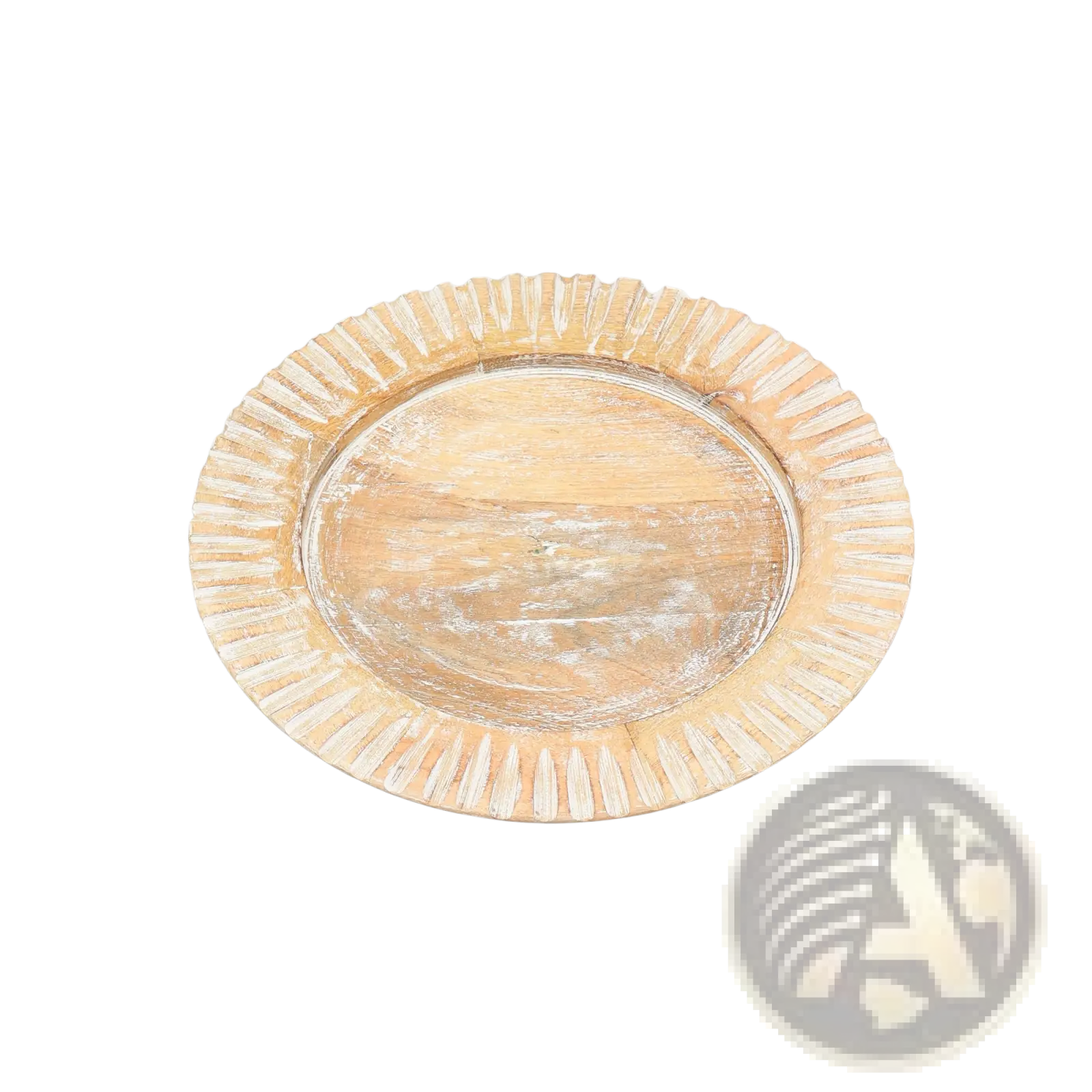 A rustic 13 inch oval wooden charger plate with distressed white finish and radiating ridges handcrafted set