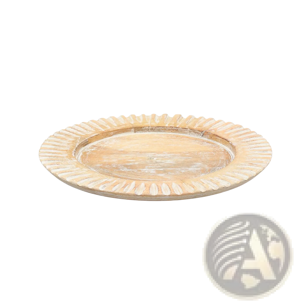 Cream-colored circular wood charger plate 13 inch handcrafted with a textured sunburst bone or horn rim