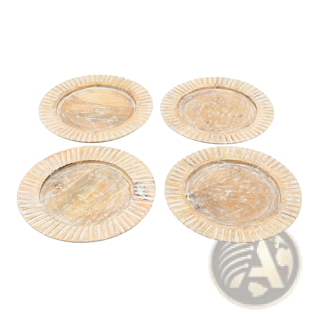 Set of four cream-colored wood charger plates 13 inch handcrafted with ridged edges and textured slightly distressed finish
