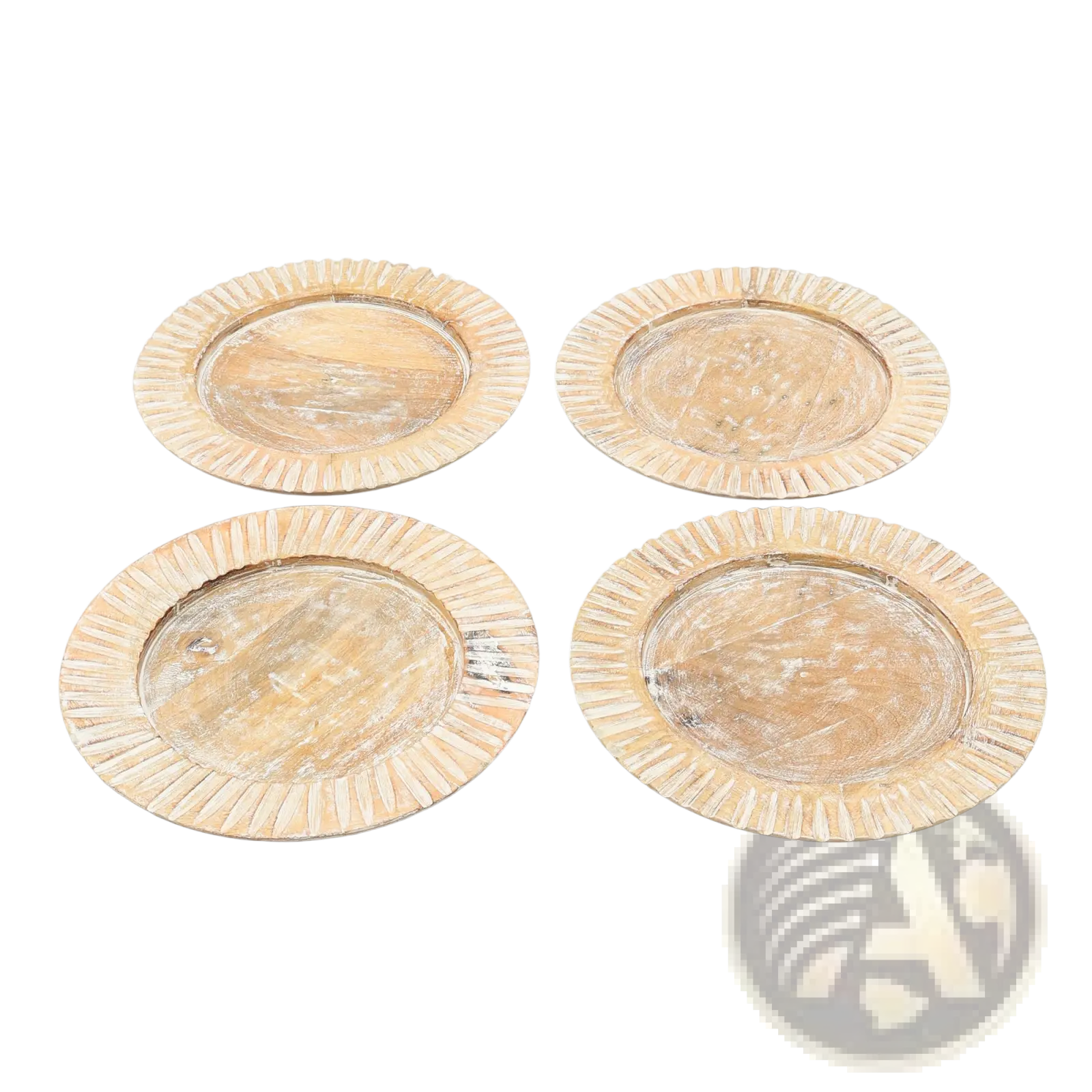 Set of four cream-colored wood charger plates 13 inch handcrafted with ridged edges and textured slightly distressed finish