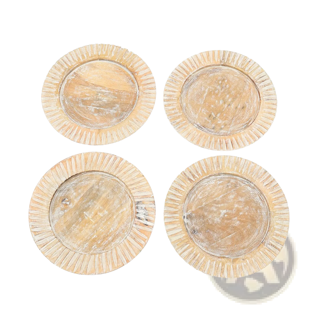 Set of four distressed white wooden coasters with sunburst rim design for wood charger plate 13 inch handcrafted set