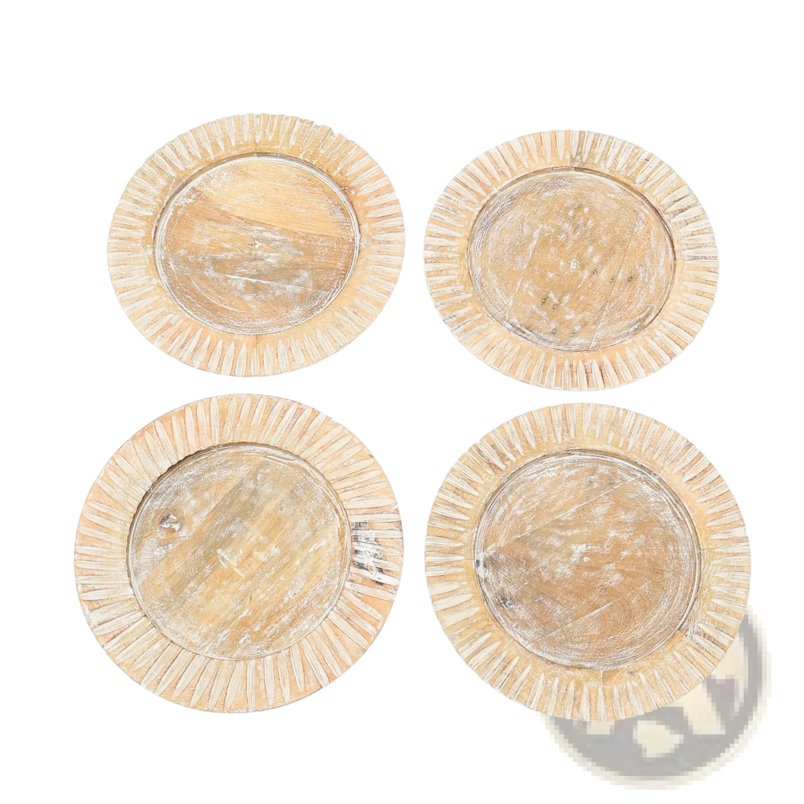 Set of four distressed white wooden coasters with sunburst rim design for wood charger plate 13 inch handcrafted set