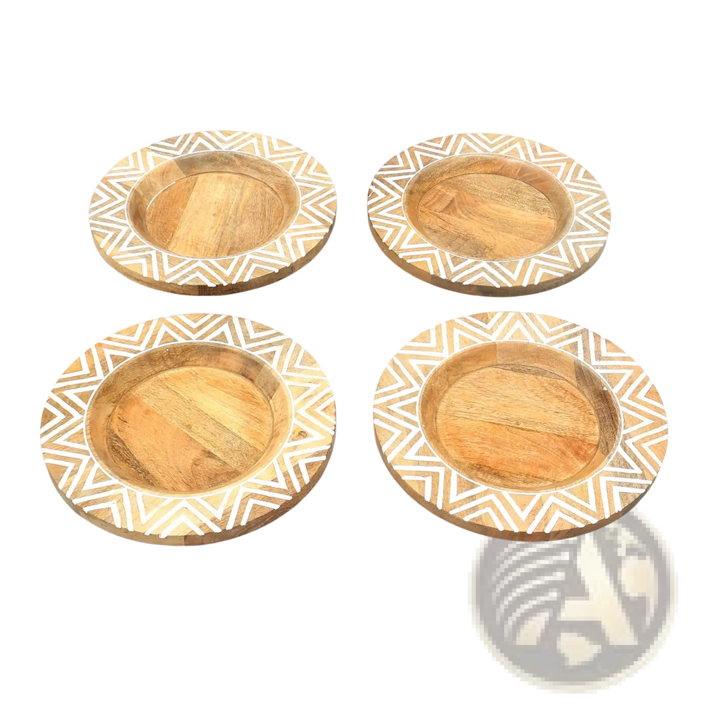 Set of four round wooden coasters with light brown wood grain center and white geometric zigzag rim handcarved design