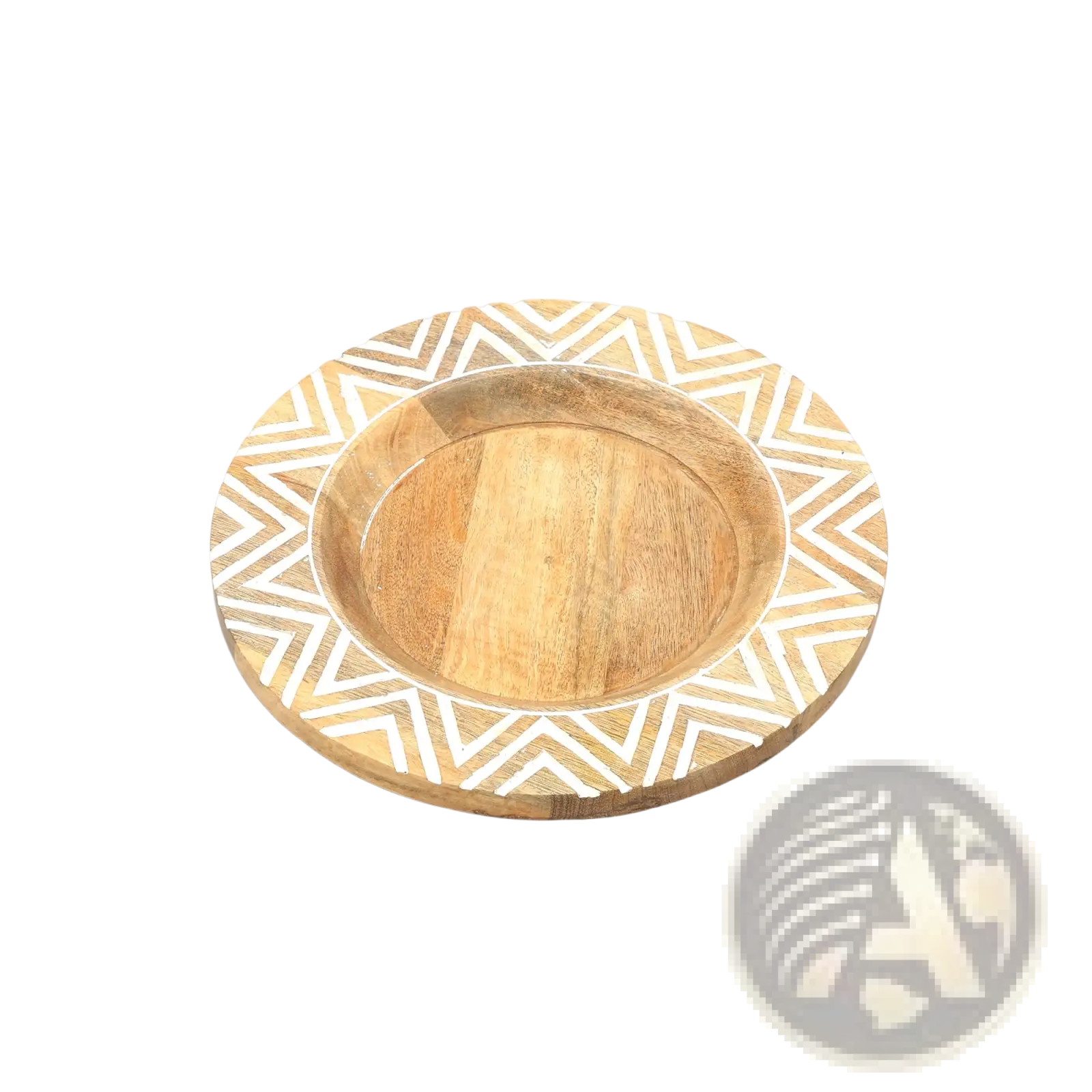 Wood charger plate handcrafted 13 inch with natural light brown finish and white geometric inlay rim design