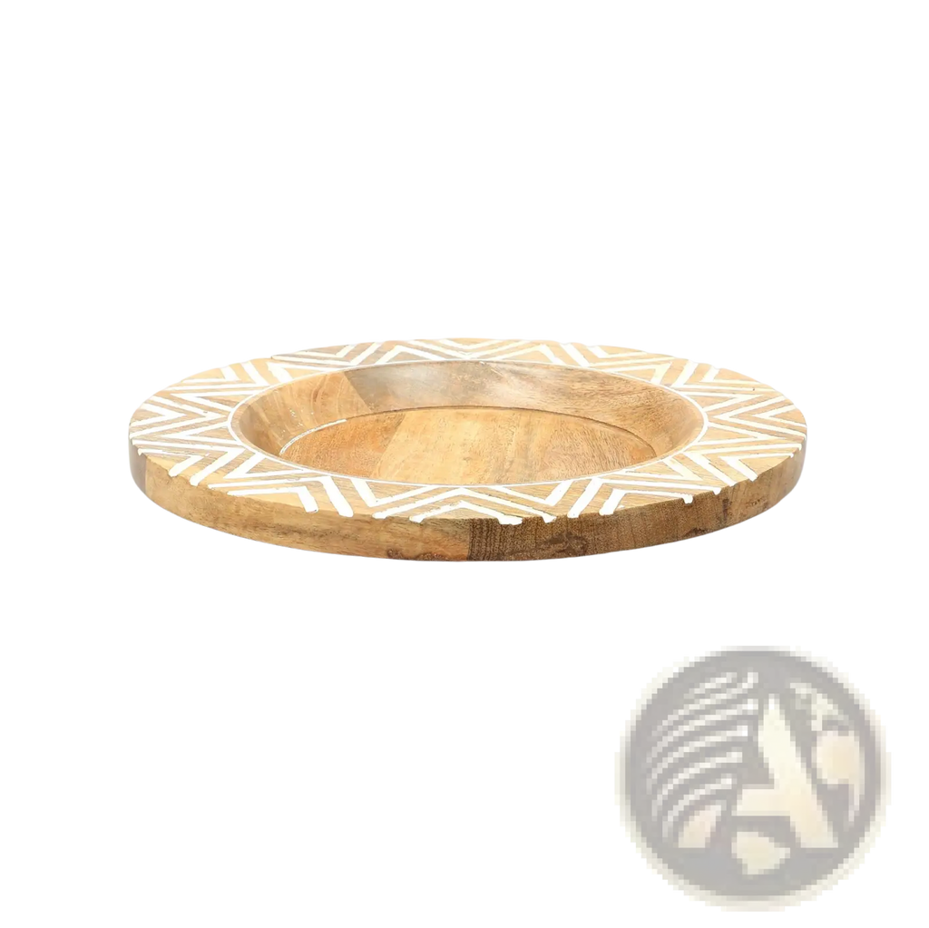 Wood charger plate handcrafted 13 inch round wooden coaster with natural light brown finish and white geometric inlay