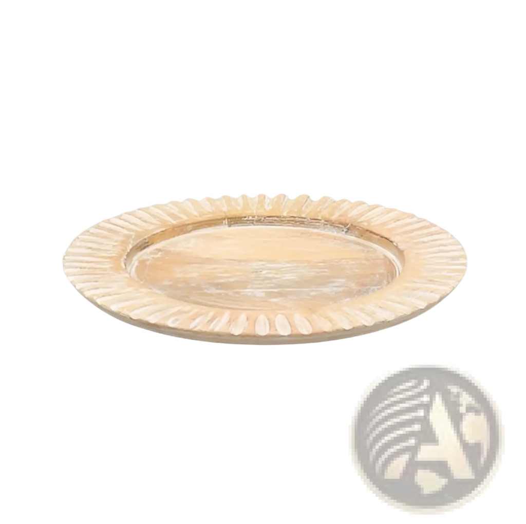 Cream-colored scalloped-edged wood charger plate with smooth reflective surface handcrafted for rustic tableware sets
