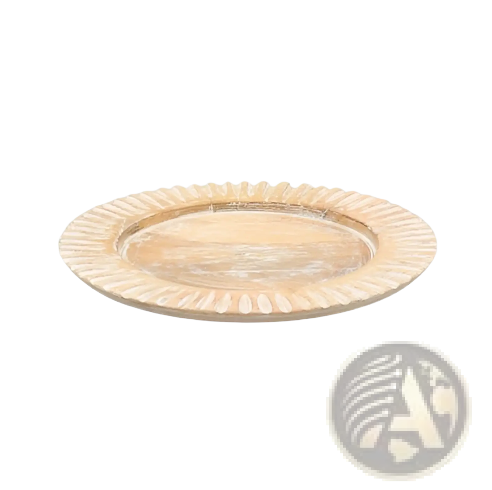 Cream-colored scalloped-edged wood charger plate with smooth reflective surface handcrafted for rustic tableware sets