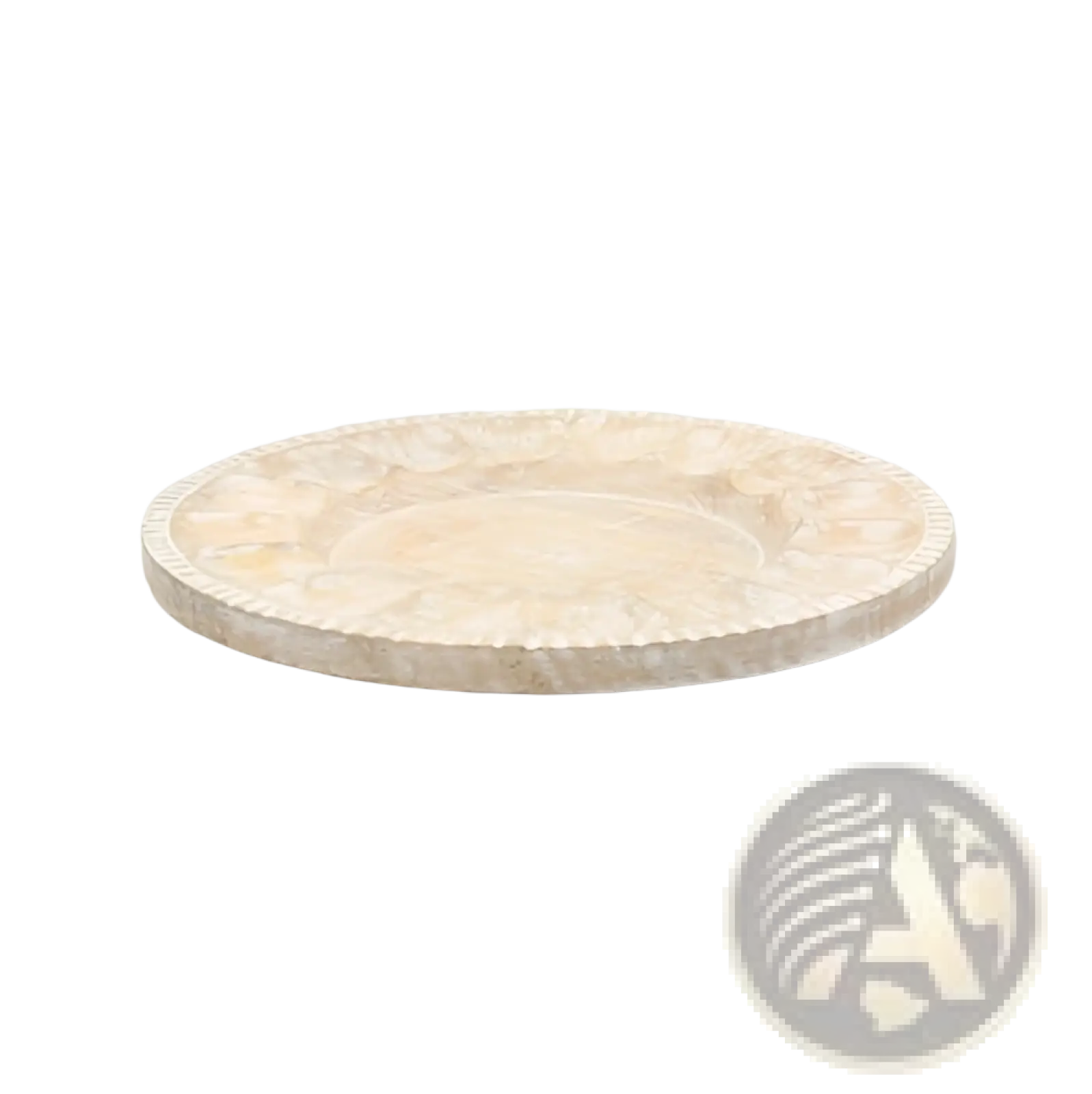 A delicate off-white bone-inlaid wood charger plate with scalloped edge and floral patterns for rustic tableware