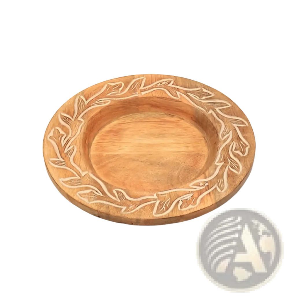 Wood charger plate handcrafted rustic tableware set round wooden tray with light brown finish and engraved leaf pattern rim