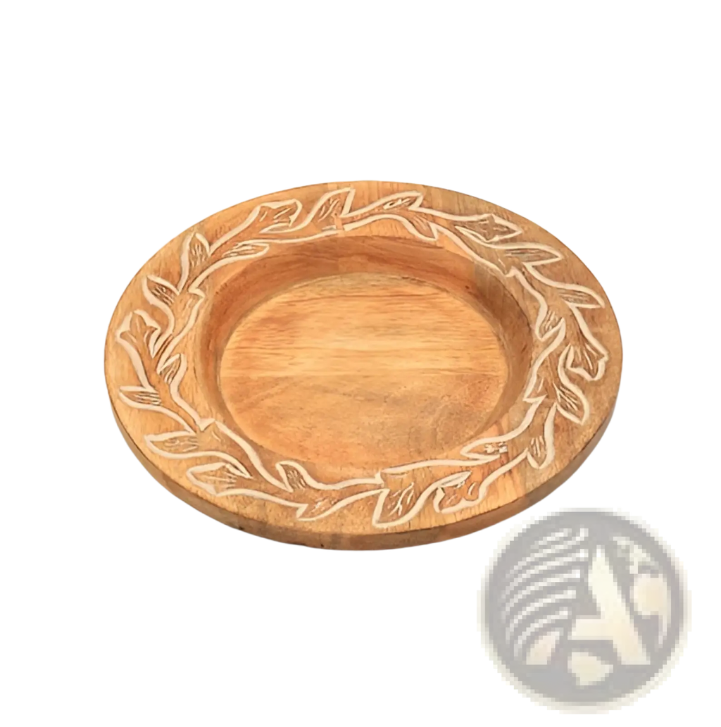 Wood charger plate handcrafted rustic tableware set round light brown wooden tray with engraved leafy wreath design