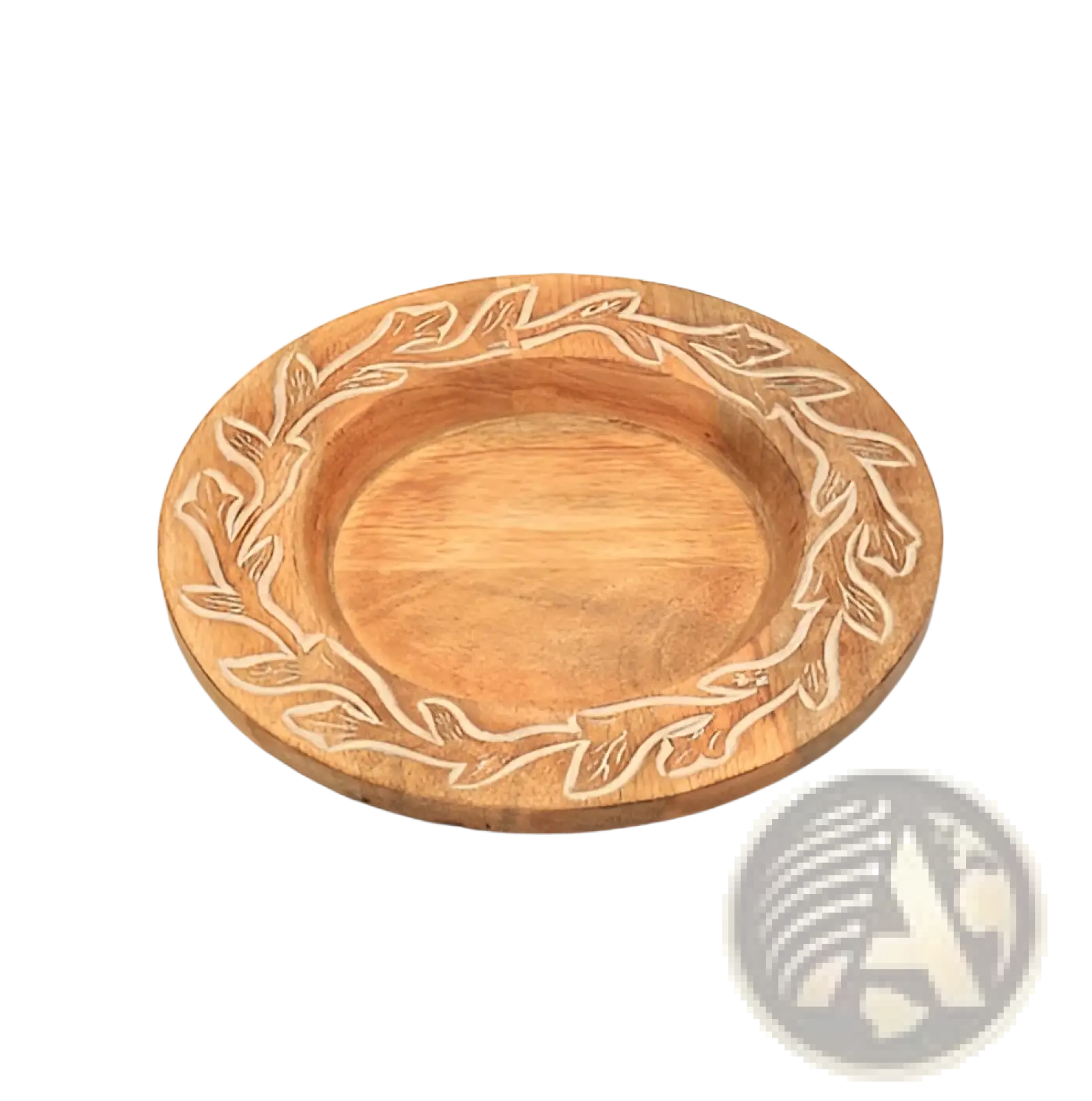 Wood charger plate handcrafted rustic tableware set round light brown wooden tray with engraved leafy wreath design