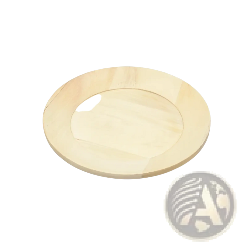 Light-colored wooden charger plate with smooth raised rim and natural wood grain in handcrafted rustic tableware set